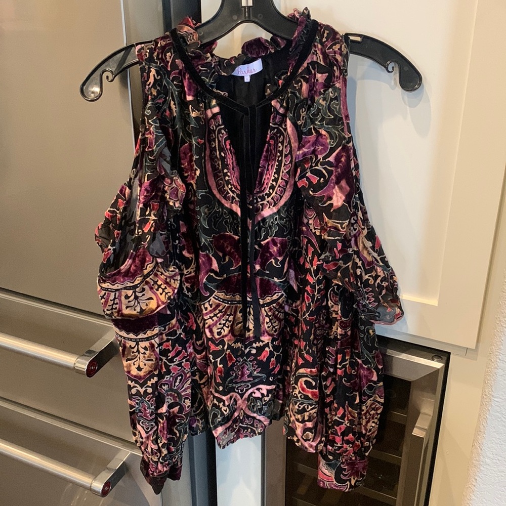 Parker Marjorie Velvet Paisley Burnout Cold Shoulder Blouse Key Hole Black Pink